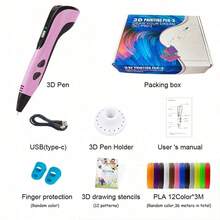 High Temperature 3D Printing Pen Set, Includes 12 Colors PLA Filament, Drawing Board With Base Paper Mold And Heat-Insulating Finger Sleeve - A - View 1