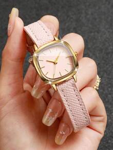 Women's Fresh Petite Thin PU Strap Quartz Watch, Minimalist Square Dial With Markings, Small Face, Suitable For Girls And Students For Daily Wear, Gift Watch (1pc/Set) Watch Box Not Included - Pink - View 4