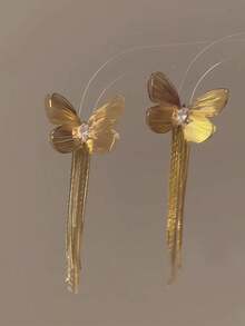 1 Pair New Waterfall Fish Tail Pattern Long Tassel Earrings, Fashion Floral Exaggerated Design Elegant Women's Ear Pendants - Gold - View 3