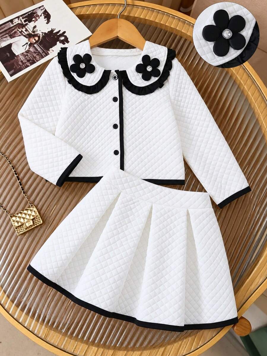 Autumn/Winter Young Girl Cute Floral Color Block Peter Pan Collar Jacket And A-Line Skirt Set - White - View 1