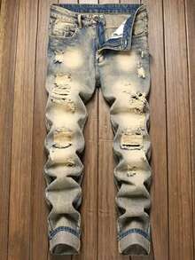 Jeans rectos y ajustados de hombre en azul con efecto vintage y desgarros - Azul - Ver 1