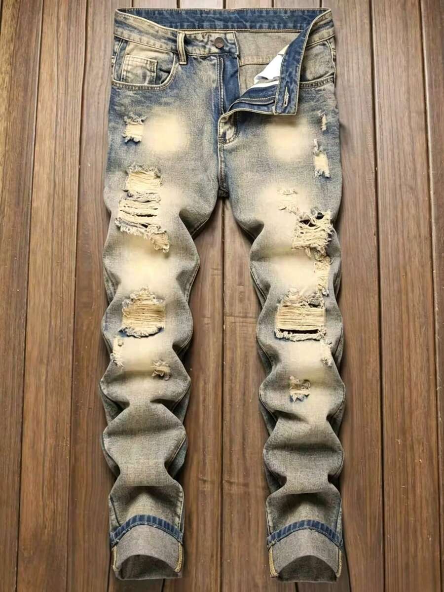 Jeans rectos y ajustados de hombre en azul con efecto vintage y desgarros - Azul - Ver 1