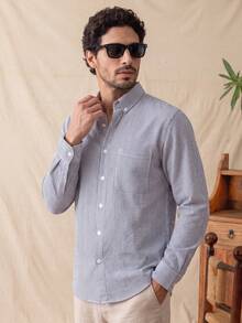 glestore Men's Retro-Style Blue-And-White Striped Long-Sleeve Shirt, Fashionable And Versatile For Commuting And Formal Wear - Blue and White - View 4