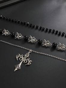 3pcs/Set Vintage Gothic Cross Necklace For Men, Black Agate Round Bead Spider Layered Set, Niche Design Men's Jewelry - White K - View 3
