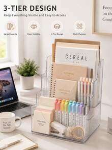 2/1pc 3-Tier Desktop Organizer+Book Stand/Set, Clear Acrylic Desk Storage Rack, Multi-Layer Stationery Holder With Open Compartments, Space-Saving Desk Organiser For Books, Notebooks, Files, Pens, Sticky Notes, Office,Study Room, Home,Back To School - Multicolor - View 7