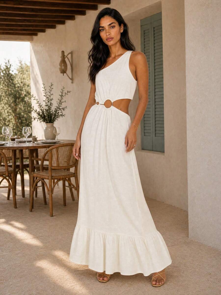 Dancing Leopard White One Shoulder Ring Detail Cut-Out Dress, Holiday ...