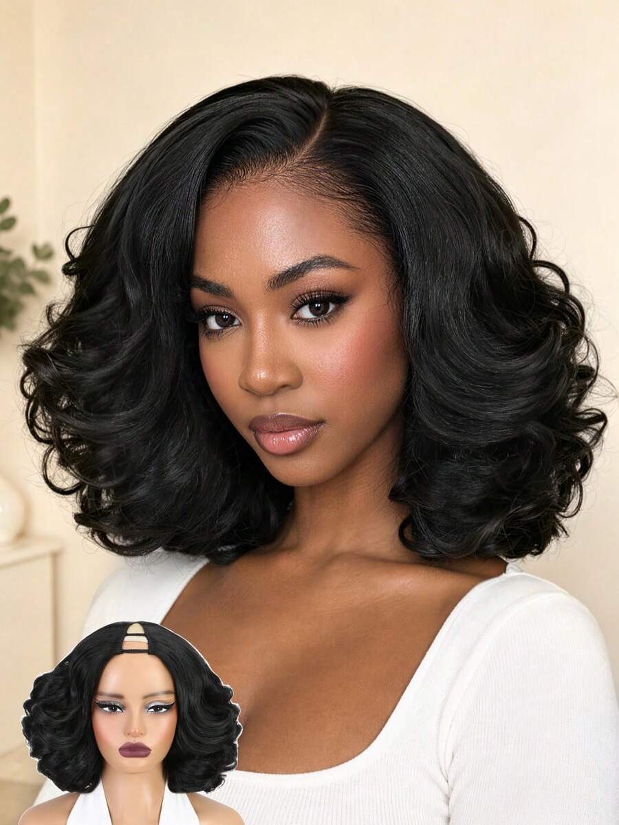 Wig Bob Bergelombang V-Part Yaki, Rambut Sintetis Bentuk V Tanpa Lem, Rambut Keriting Berlapis dengan Klip, Siap Pakai, Cocok untuk Pemula, Serat Tahan Panas, Pemakaian Sehari-hari - Hitam - View 1