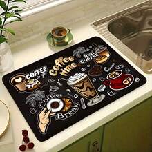 1pc Black Coffee Theme Printed Kitchen Drain Mat Table Mat, Coffee Time Coffee Cup Iced Coffee Coffee Bean Text Pattern Dining Table Mat, Coffee Machine Countertop Mat Bar Countertop Decor Mat, Home Kitchen Dining Room Coffee Corner Home Decor - Multicolor - View 2