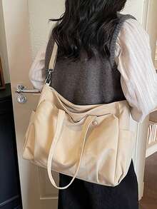 Women's Solid Color Canvas Tote Bag, Dual Handle Snap Closure Large Capacity Shoulder Crossbody Bag, Casual Commute Daily Bag - Beige - View 4