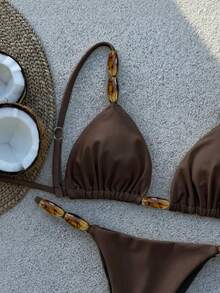 Bikinx Elegant Women's Spaghetti Strap Bikini Set, With Beaded Details And Tie-Up Bottom, High Elasticity Backless Swimsuit - Coffee Brown - View 4