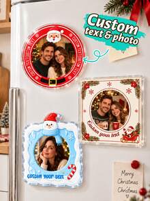 Custom Christmas Photo Magnets, Personalized Family Fridge Magnets, Customized Text Holiday Refrigerator Decorations, Customizable Round Square Picture Magnets, Santa Snowman Theme Keepsake Gifts, Festive Home Decor, Christmas Party Accessories - Style a - View 1
