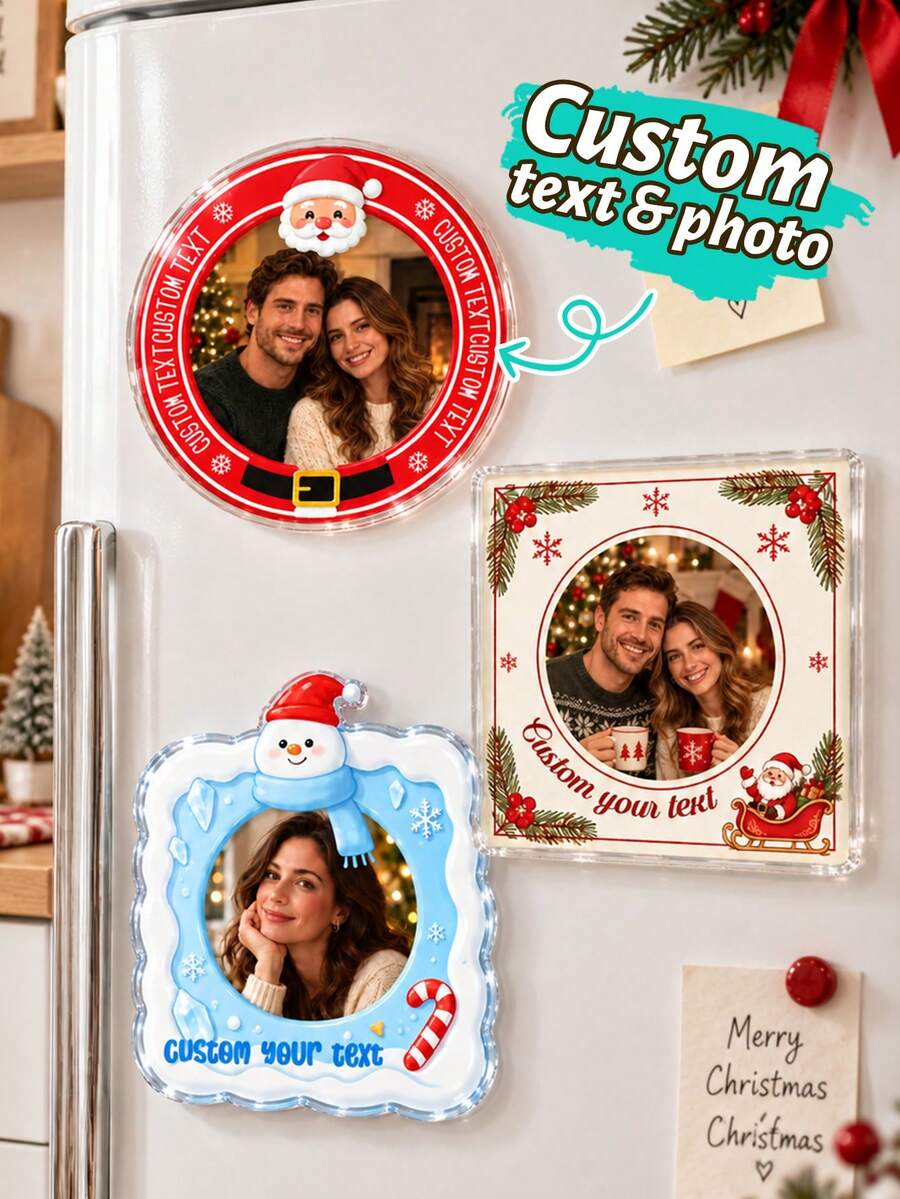 Custom Christmas Photo Magnets, Personalized Family Fridge Magnets, Customized Text Holiday Refrigerator Decorations, Customizable Round Square Picture Magnets, Santa Snowman Theme Keepsake Gifts, Festive Home Decor, Christmas Party Accessories - Style a - View 1