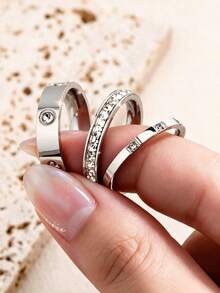 3pcs Stackable Rhinestone Clover Ring Set, Daily Wear Plain Band Rings, Women's Christmas & Valentine's Day Gift - Silver Four-leaf Clover - View 8