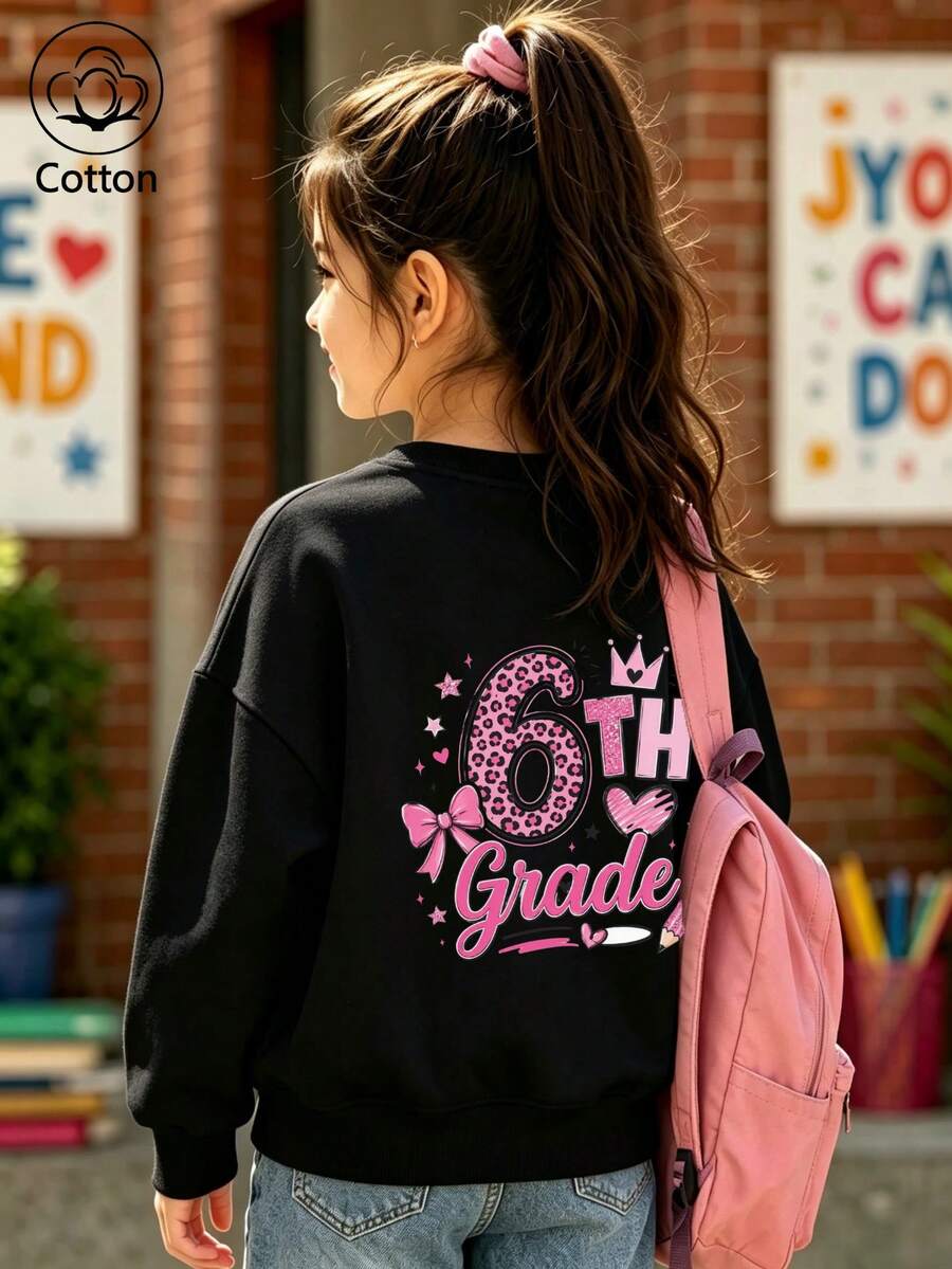 Girls' Cute Printed Drop-Shoulder Round-Neck Long-Sleeve Casual Sports Sweatshirt - Black - View 1