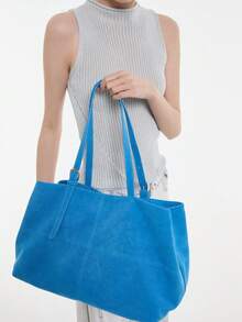Women's Solid Color Faux Suede Tote Shoulder Bag, Adjustable Strap, Zipper Closure, Large Capacity, Minimalist Casual, Commute, Daily Shopping Handbag - Blue - View 4