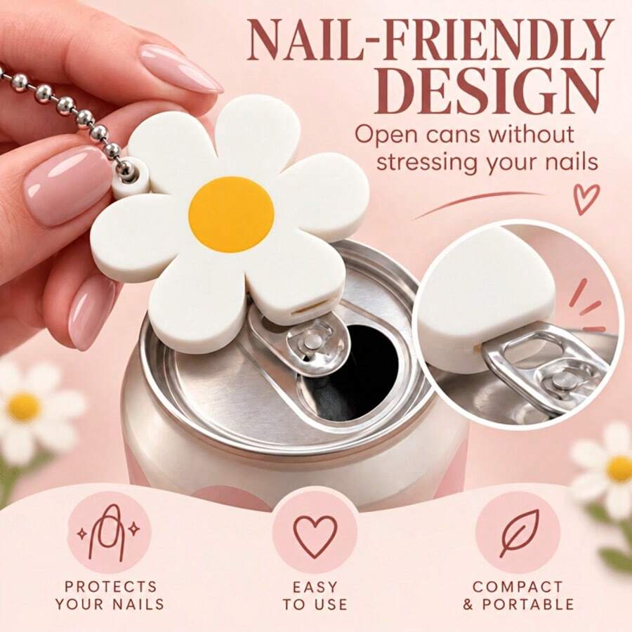 1pc Daisy Can Opener Keychain, Cute Flower Shaped Pull-Tab Can Opener, User-Friendly Portable Can Opening Tool, Suitable For Soda, Beer, Juice And Sparkling Water Cans, White And Yellow - View 1