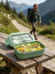 1pc Plastic Divided Lunch Box, Leak-Proof Lunch Box With Spoon And Fork, Microwave , Suitable For Work, Picnic, Lunch Bento Box - Multicolor - View 5
