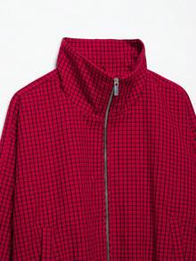 YROOE Women's Autumn/Winter Red & Black Small Plaid Stand Collar Zipper Raglan Sleeve Loose Short Jacket - Red - View 6
