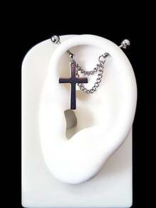 1Pc Double Chain Cross Pendant Floating Industrial Piercing Barbell Stainless Steel Ear Helix Piercing Earring Ear Stack Body Jewelry - Silver - View 3