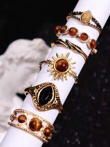 6pcs Vintage Unique High-End Luxury Elegant Creative Design Sun Amber Ring Set, Women's Daily Wear Wedding Holiday Party Gift Jewelry - Multicolor - View 2