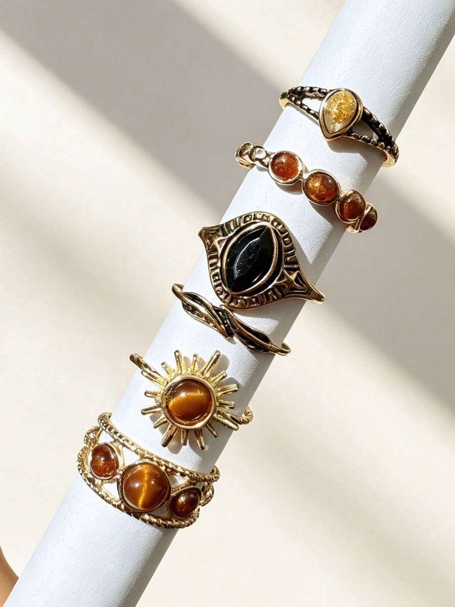 6pcs Vintage Unique High-End Luxury Elegant Creative Design Sun Amber Ring Set, Women's Daily Wear Wedding Holiday Party Gift Jewelry - Multicolor - View 1