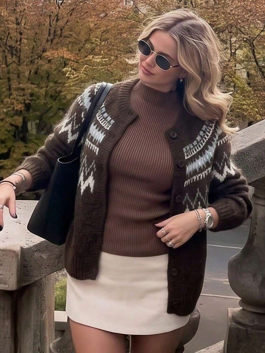 Women's Vintage Fair Isle Pattern Button-Up Cardigan Knit Sweater Long Sleeve Winter Top - Brown - View 1