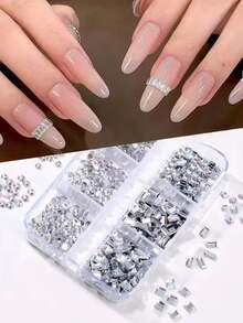 1 bộ hộp 6 ngăn đá đính móng tay màu bạc cho mùa Thu Đông Giáng Sinh mới, đá pha lê trắng mặt phẳng dạng vuông chữ nhật tròn hỗn hợp, phụ kiện trang trí nail DIY phong cách salon - Bạc - Xem 2