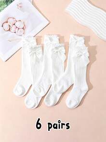 6雙女孩蝴蝶結純色高筒襪，校園風長襪 - 白色 - 查看 5