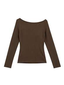 Rivet Asymmetrical Shoulder Loose Long Sleeve Knit T-Shirt Base Layer Top Early Autumn - Brown - View 2
