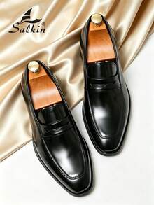 Salkin 男士奢華復古設計一腳蹬樂福鞋，優雅紳士社交皮革鞋，低調奢華黑色便士樂福鞋，男士日常休閒鞋，商務正裝鞋，西裝穿搭辦公室派對婚禮時尚新郎鞋晚宴約會假期禮物四季男鞋，請選擇大一號 - 黑色 - 查看 7