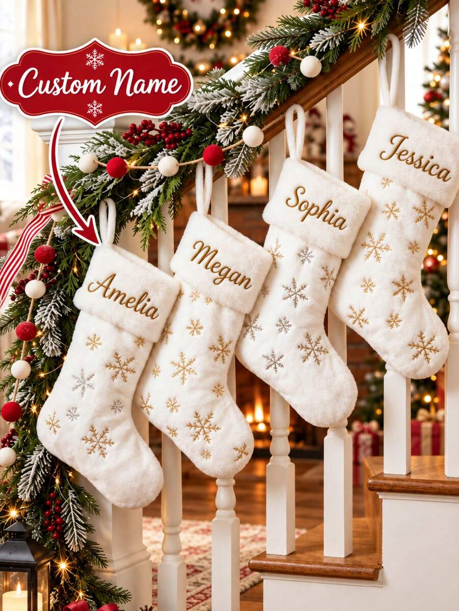 2026 Personalized Plush Christmas Stockings, Embroidered Sequin Snowflake Home Decor, Holiday Home Decoration