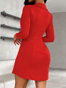 ChicMe Double-Breasted Zipper Pocket Design Lapel Mini Dress - Red - View 2