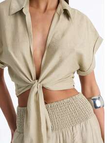 Women's 2 Pieces Faux Linen Texture Set, Front Tie Lapel Short Sleeve Crop Top + High Waist Wide Leg Pants, Summer Casual Vacation Outfit - Apricot - View 5