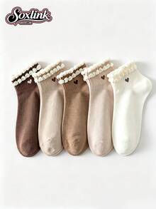 5 Pasang Kaos Kaki Pendek Wanita Vintage Maillard dengan Hiasan Rumbai, Kaos Kaki Kasual Motif Hati Kecil Musim Semi/Musim Gugur, Warna Kopi Lembut, Kaos Kaki Pendek Serbaguna untuk Mahasiswa/Komuter - MultiWarna - View 3
