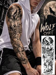 Full Arm Sleeve Temporary Tattoo Stickers, Gothic Black Sketch Compass Clock Rose Skull Wolf Pattern, Waterproof Disposable Fake Body Art Tattoos For Men Women, Lasts 2-5 Days For Party Vacation - Black - View 16