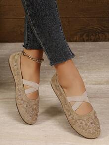 Women's Mary Jane Ballet Flats, Round Toe Cross Elastic Strap, Floral Embroidery Beaded Bohemian Style, Comfortable Slip-On, Daily & Vacation Wear - Khaki - View 6