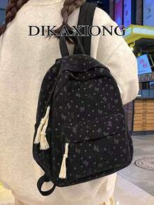 Aesthetic Cute Bow Heart Print Corduroy Backpack, Tassel Decor Casual Small Daypack For Teen School Backpack - Multicolor - View 1