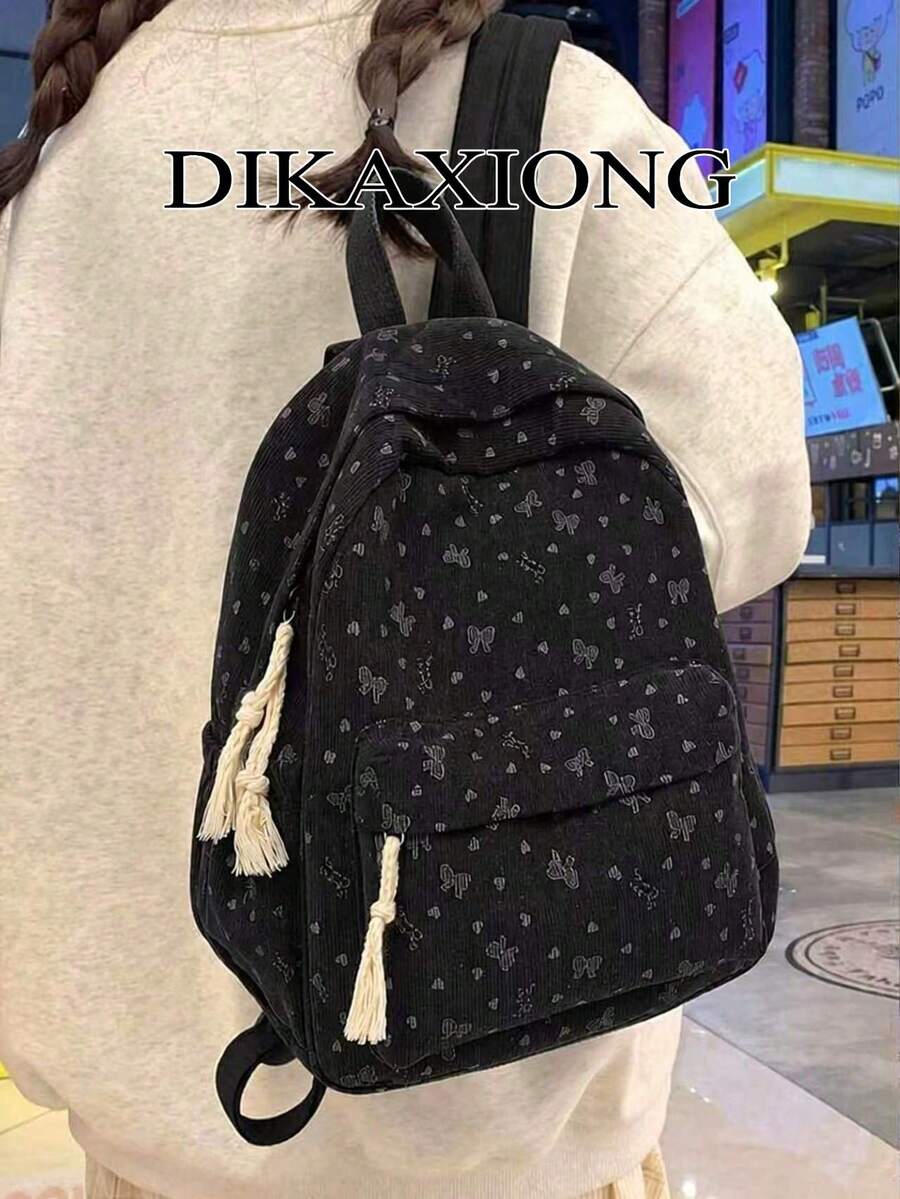 Aesthetic Cute Bow Heart Print Corduroy Backpack, Tassel Decor Casual Small Daypack For Teen School Backpack - Multicolor - View 1