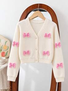 Autumn Girls' Fashion 3D Bow Cardigan, Sweet Minimalist Long Sleeve Top - Apricot - View 1
