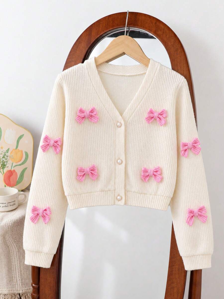 Autumn Girls' Fashion 3D Bow Cardigan, Sweet Minimalist Long Sleeve Top - Apricot - View 1