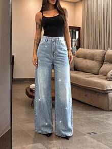 European Style Rhinestone Embellished Shiny Straight Leg Jeans For Women, All Season New Fashion Heavy Workmanship Premium Wide Leg Pants - Light Wash - View 2