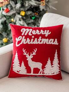 1pc 3D Embroidered Velvet Deer & Tree Pillow Case, Without Pillow Insert, Christmas Theme, All-Season Decorative Cushion Cover, Suitable For Living Room, Bedroom, Machine Washable - Red Cloth Reindeer With Tree - View 6