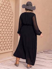 Women's Plus Size Floral Embroidered Knot Collar Lantern Sleeve Dress - Black - View 2