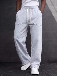 MAISONFOX Men's Light Gray Loose Drawstring Patchwork Pocket Sweatpants, Casual Street Style Joggers, Comfortable Daily Wear Bottoms - Light Grey - View 5