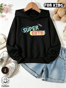 Girls Super Cute Letter & Heart Print Hooded Sweatshirt, Long Sleeve Casual Pullover Sweatshirt - Black - View 10