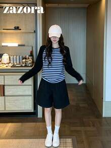 Áo kiểu Hàn Quốc tối giản phối màu khối, cổ Henley tay raglan, sọc, dáng regular, tay dài đa năng, lớp nền, quần áo mùa thu - Sọc xanh - Xem 6