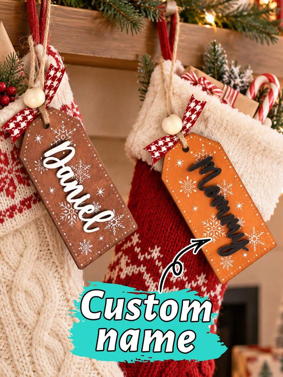 Custom Christmas Stocking Name Tag, Personalized Wooden Snowflake Ornament, Holiday Stocking Decor, Customized Christmas Tree Decorations, Customizable Name Bag Charm, Festive Party Accessories, Christmas Gift For Family Friends, Merry Christmas - Style B - View 1