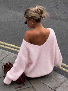 Chic Pink Oversized Knit Sweater For Women, Deep V-Neck Long Sleeve Pullover, Regular Length Jumper, Slightly Stretchy Fabric For Autumn Everyday Wear - Baby Pink - View 2