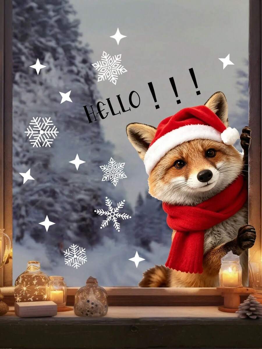 1PC Christmas Glass Sticker, With Snowflake, Red Hat And Scarf Fox Print Pattern, Reusable Removable Xmas Window Decals For Holiday Home Decor, Christmas Decoration, Mirror Decoration - Multicolor - View 1