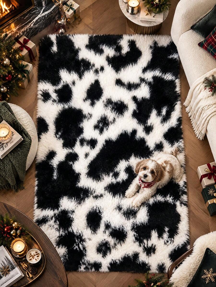 1pc Rectangular Fluffy Cow Print Decorative Rug, Bedroom Decor, Small Rug, Carpet, Home Decor, Living Room Rug, Living Room Small Rug, Bedroom Rug, Living Room Home Decor, Outdoor Rug, Washable Rug, Christmas Gift - Multicolor - View 1